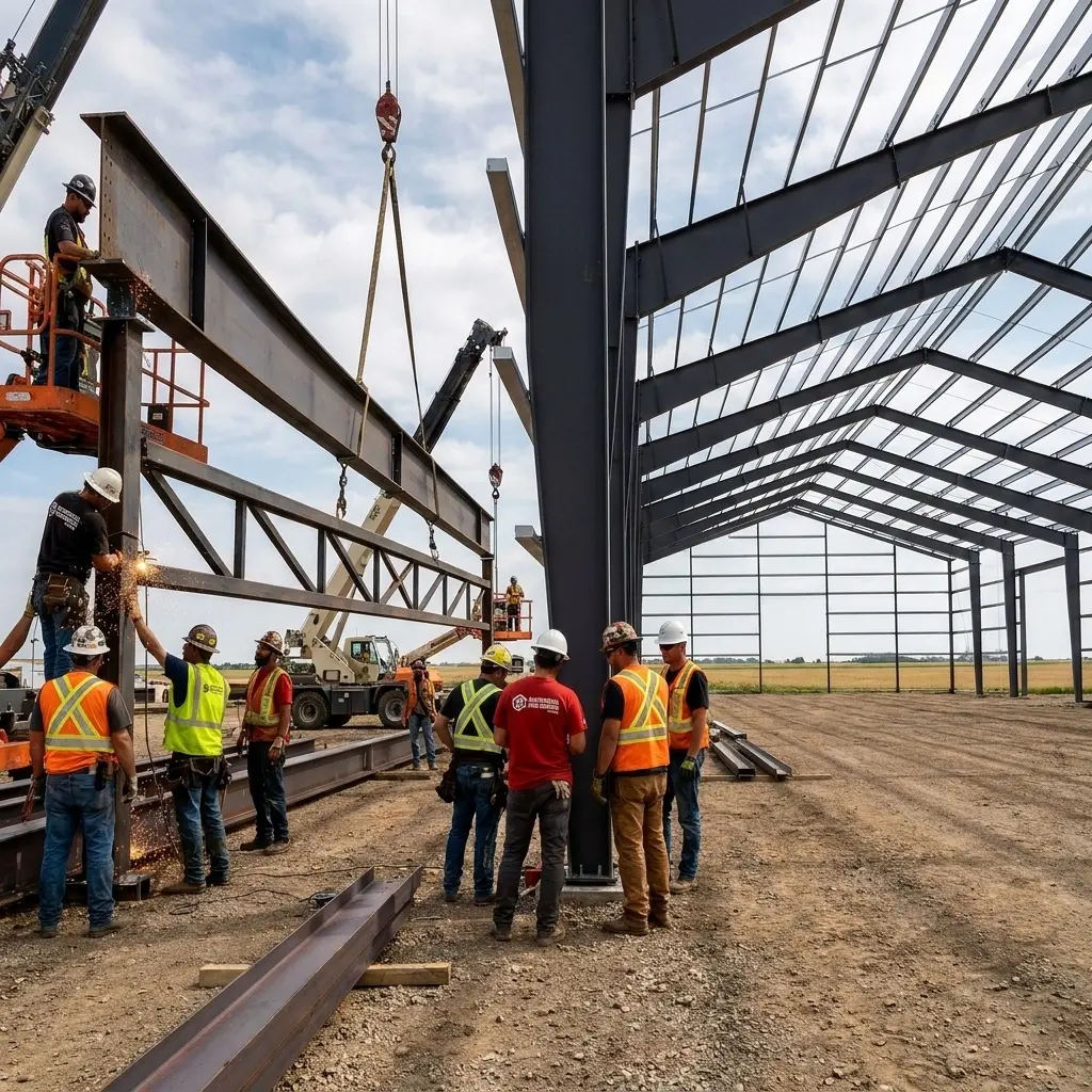 agricultural steel buildings team assembling a ag storage building in canada.