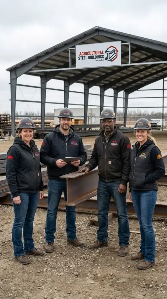 team photo agricultural steel buildings on a job site.