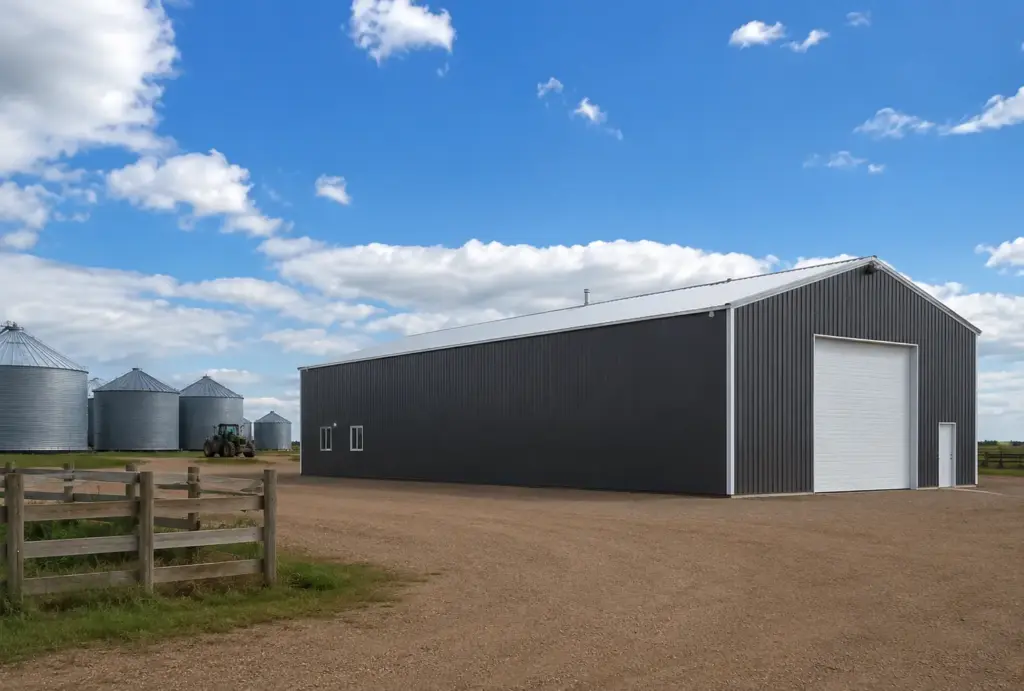 blue steel barn in canada on a farm.
