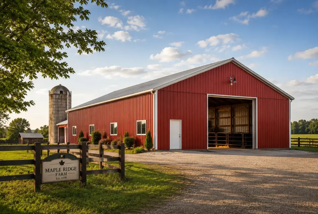 beautiful red steel barn in alberta canada.